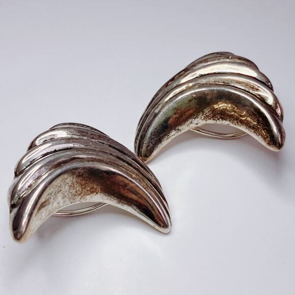 VTG Sterling Silver ND 925 Modernist Wave Clip On Earrings Sculptural Minimalist - Picture 6 of 11